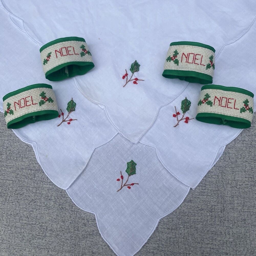 Vtg Christmas Napkin Rings Holly Noel Cross Stitch Handmade Needlepoint Set of 4